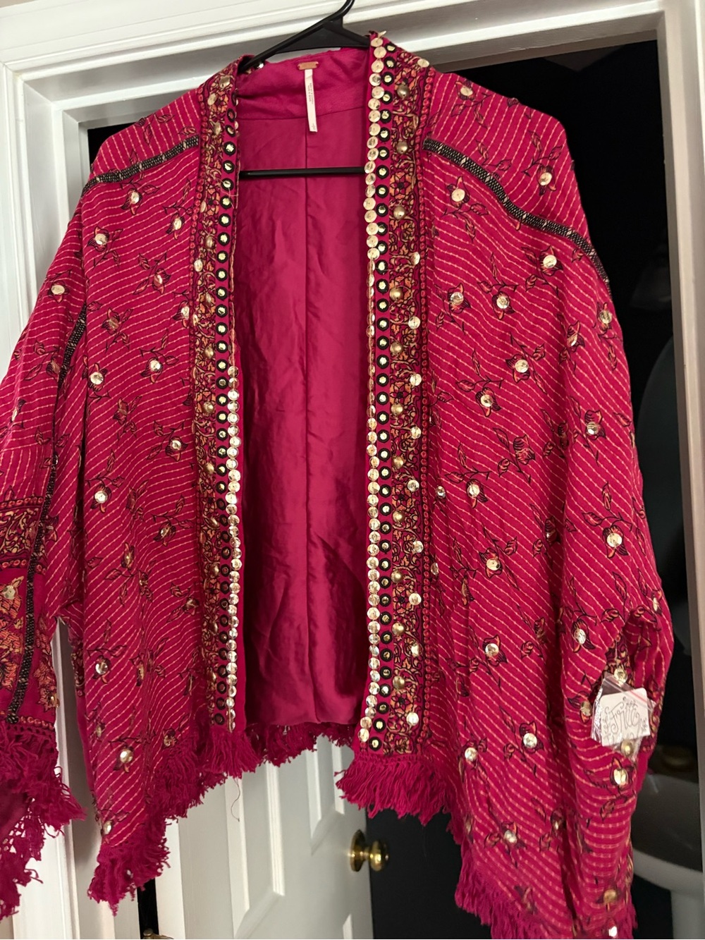 Free People NWT Embroidered Burgundy/Fuchsia Beaded Open-Front Jacket/Kimona